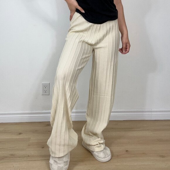 *Nasty Gal 50% Recycled Knitted Wide Leg Pant Cream High Rise - Picture 3 of 7